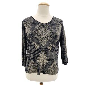 Jess & Jane Womens XL Top Boho Rhinestone Black Gray Abstract Tunic V-neck Bling